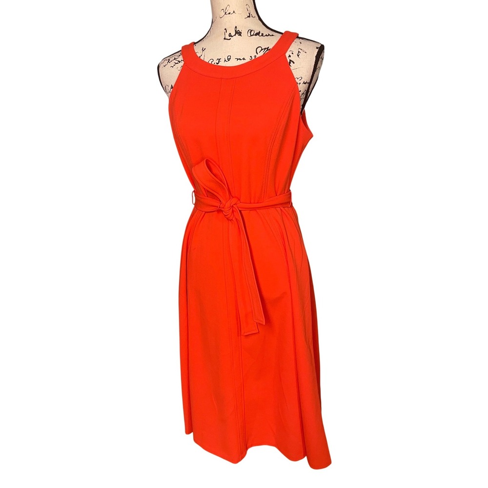 Tommy Hilfiger Midi Dress Womens 10 Orange New Sleeveless Belted A-Line Crepe - Picture 1 of 6